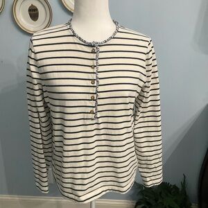 J. Crew Navy and Cream Striped Henley ruffle neck Top